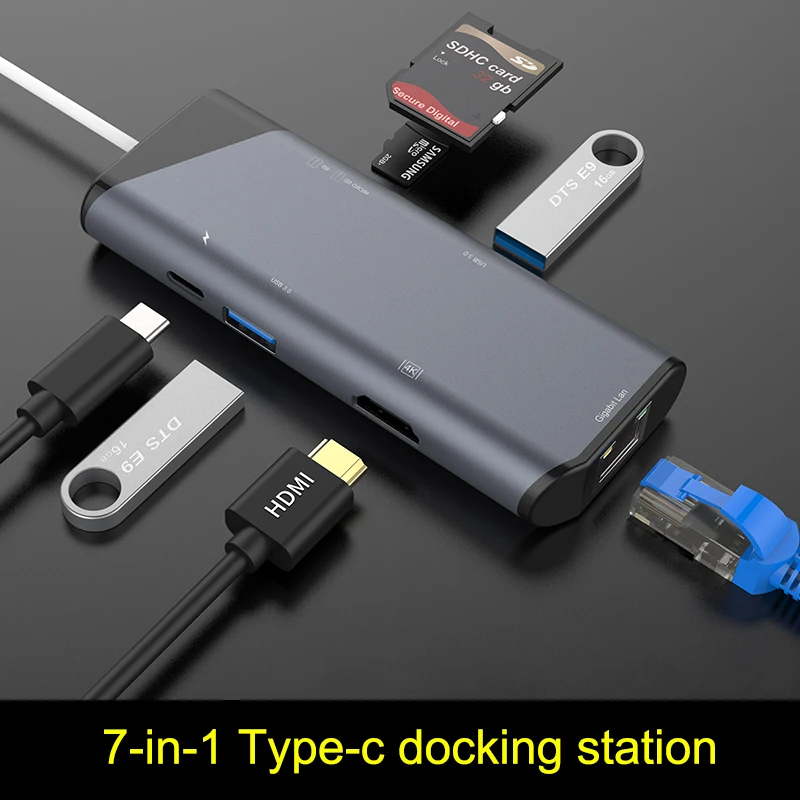 Многопортовое 7 в 1 концентратор Тип с разъемами типа C и USB3.0 4K HDMI устройство для