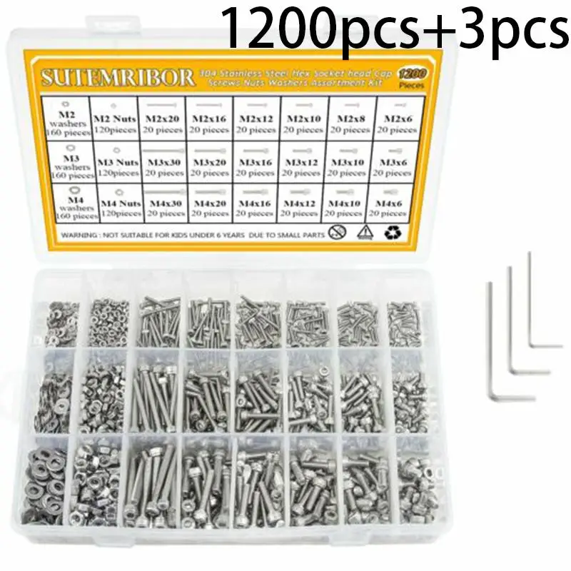 1200 шт. набор винтов гайки M2 4 головкой шайбы болты шестигранные гаечные ключи