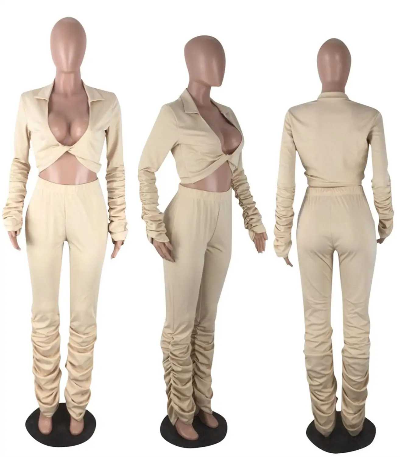 

2019 Fashion Deep V Pleated Two Piece Suits Heap Heap Long Sleeve Solid Casual Crop Top And Pants Sets Women Sexy Club Outfits