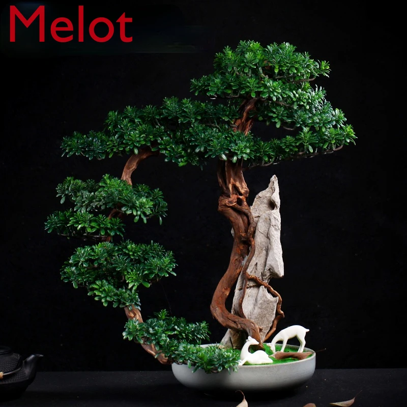 

Root Carving Crafts Artificial Greeting Pine Tree Rock Chinese Office Desk Surface Panel Bonsai Decoration