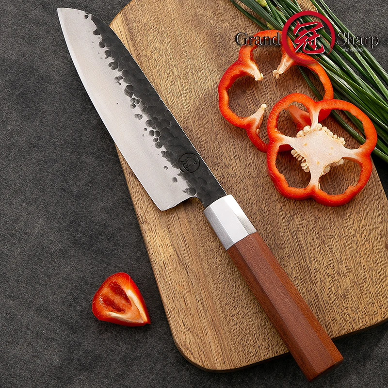 Нож сантоку Grandsharp ручной ковки шеф-повар из высокоуглеродистой стали 7 дюймов