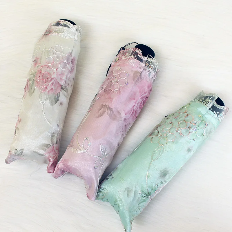 Блестящий УФ зонтик с вышивкой пиона для женщин портативный 3 складной от дождя и