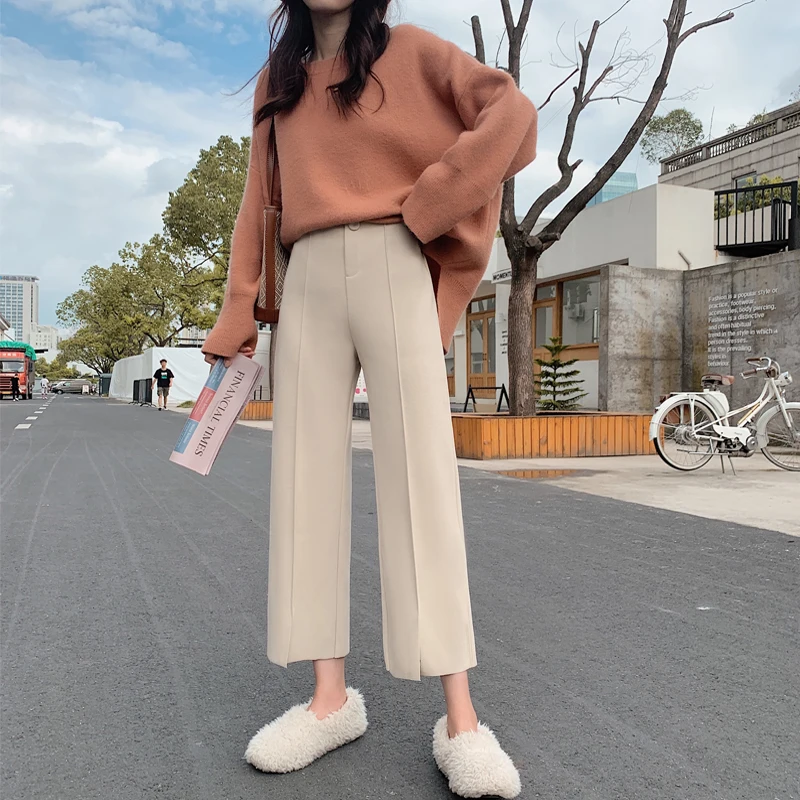 Брюки женские шерстяные с завышенной талией повседневные Прямые Штаны-трубы