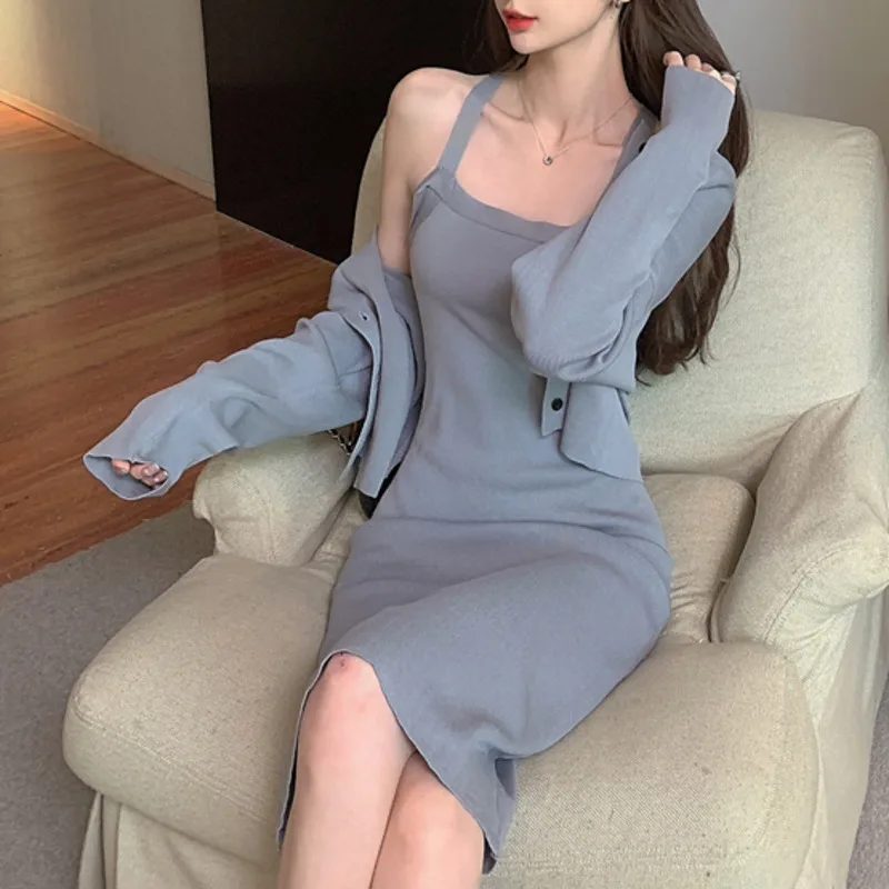 

Knitted Two Piece Set 2021 Spring New Women's Fashion High Waist Strap Slim Dress Long Sleeve Coat Ladies Casual Sweater Suits