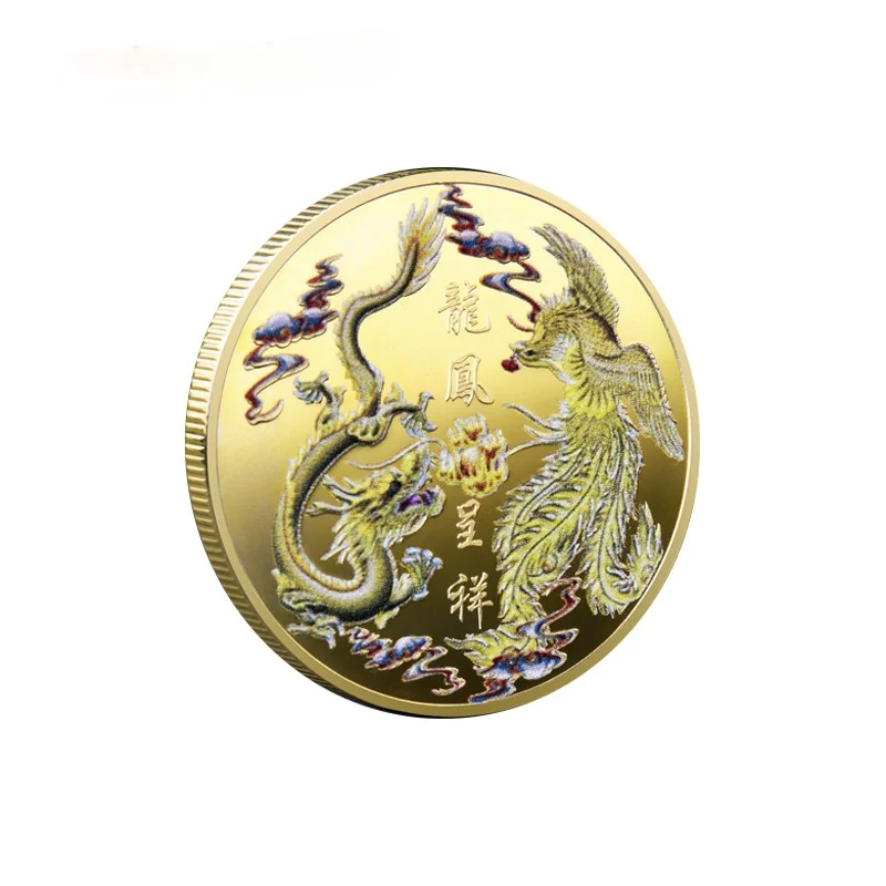 

Traditional Chinese Culture Painted Gold Silver Coin Symbolize Good Fortune Auspicious Brought By The Dragon and The Phoenix