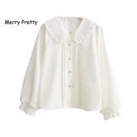 merry pretty white blouse women long sleeve cotton womens tops and blouses sweet peter pan collar girl blusas mujer de moda 2021