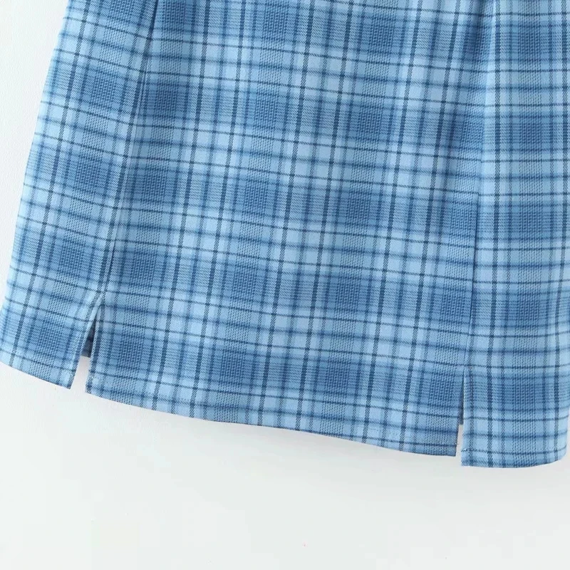 Женская юбка в клетку Повседневная синяя с высокой талией и разрезом на боку 2020 |