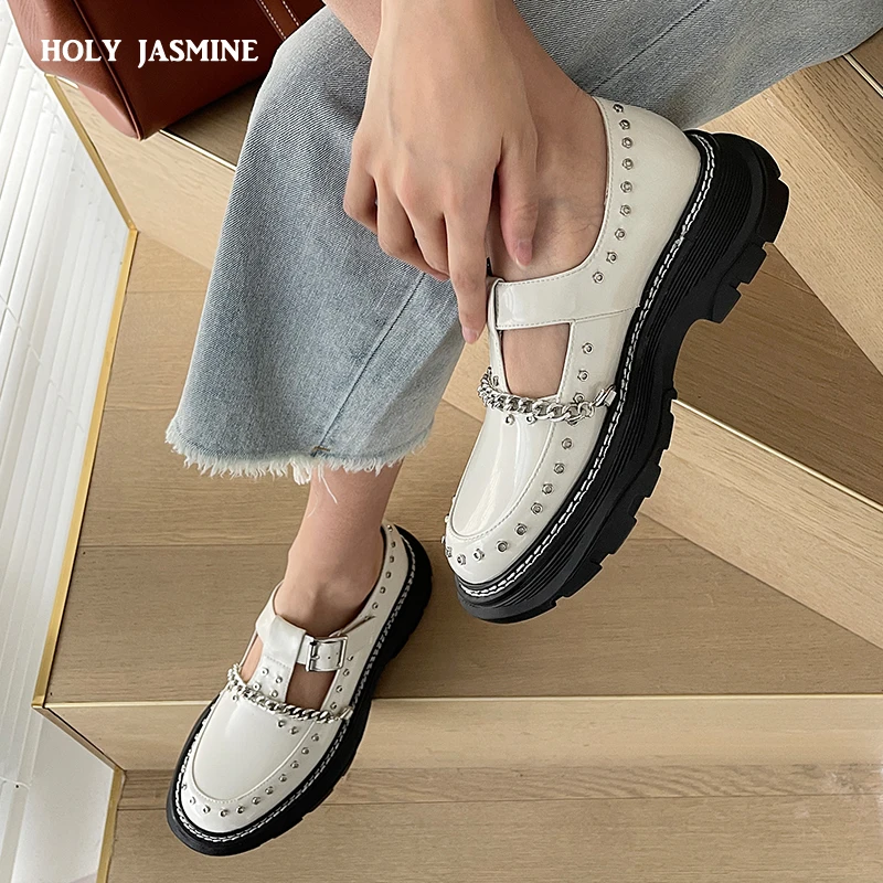 2021 Spring Platform Shoes Woman Metal Rivets Genuine Leather Chunky Heels Pumps for Women Working Women Shoes Platform Shoes