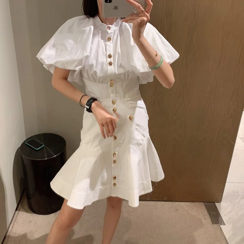 

2021 New Summer Fashion Ladies Dress Slim High Quality Women Dresses Puff Sleeve White Casual Elegant Female Dress T963