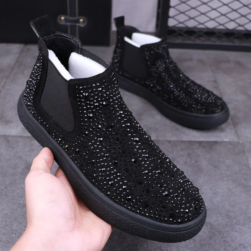 

famous brand mens luxury fashion party nightclub dress soft leather boots rhinestone shoes flats platform boot ankle botas male