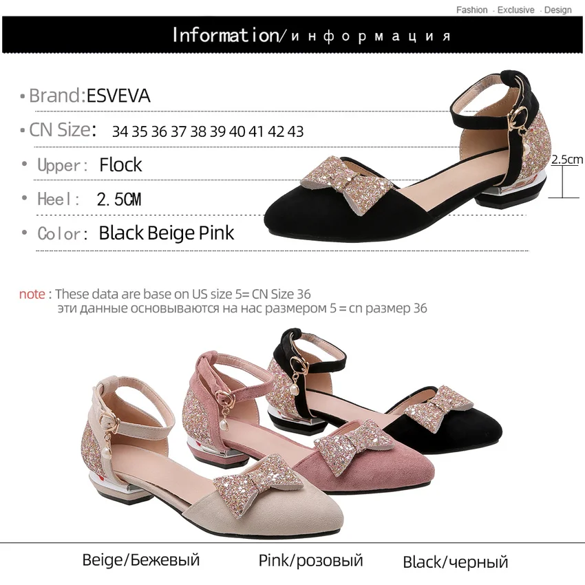

ESVEVA 2020 Sequins PU Leather Buckle Spring Women Pumps Butterfly-Knot Pointed Toe Hollow Square Heel Ladies Shoes Size 34-43