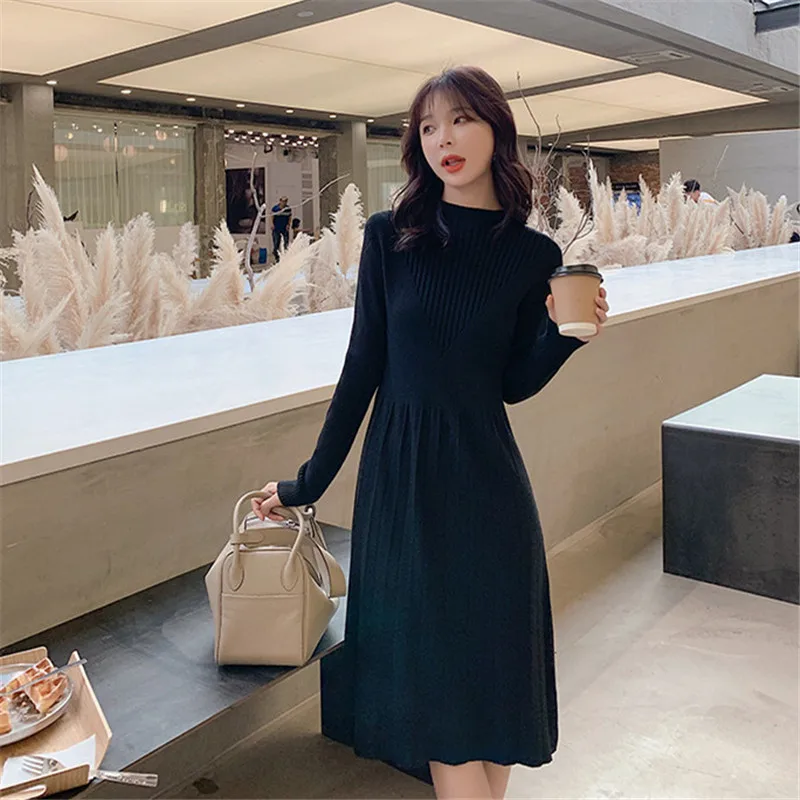 

Real shot autumn and winter new 2020 fashion all-match half high neck slim high waist long sleeve knitted bottoming dress
