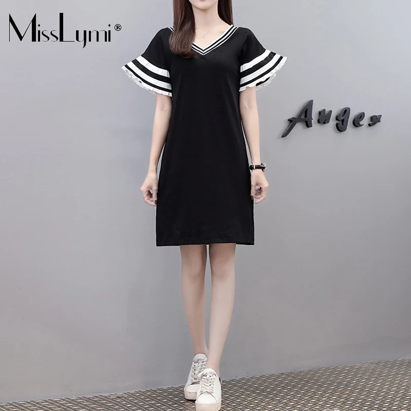 

MissLymi M-4XL Plus Size Women Little Black Dress Summer 2021 Fashion V-neck Stripe Flare Short Sleeve Loose Casual Dress Female