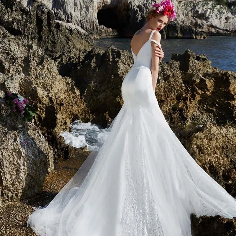 

Hi Shy Bride New simple wedding dress backless sleeveless design chiffon lace bride dresses princess dress plus size tailor-made