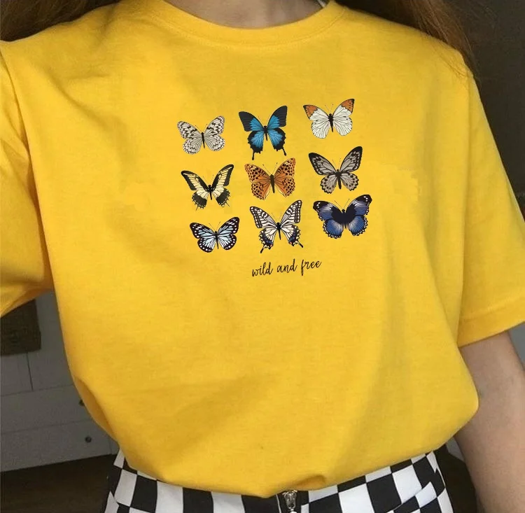 HAHAYULE-JBH надпись Wild And Free бабочка в Корейском стиле Модные и милые эстетика Harajuku Tumblr