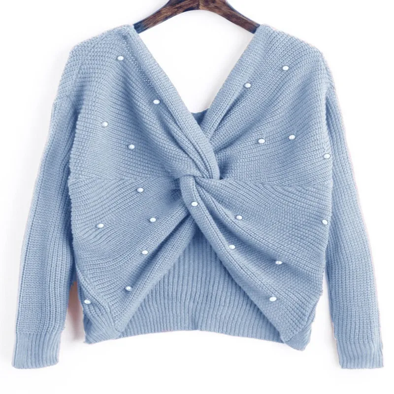 Женский трикотажный пуловер с V-образным вырезом длинным рукавом и открытой