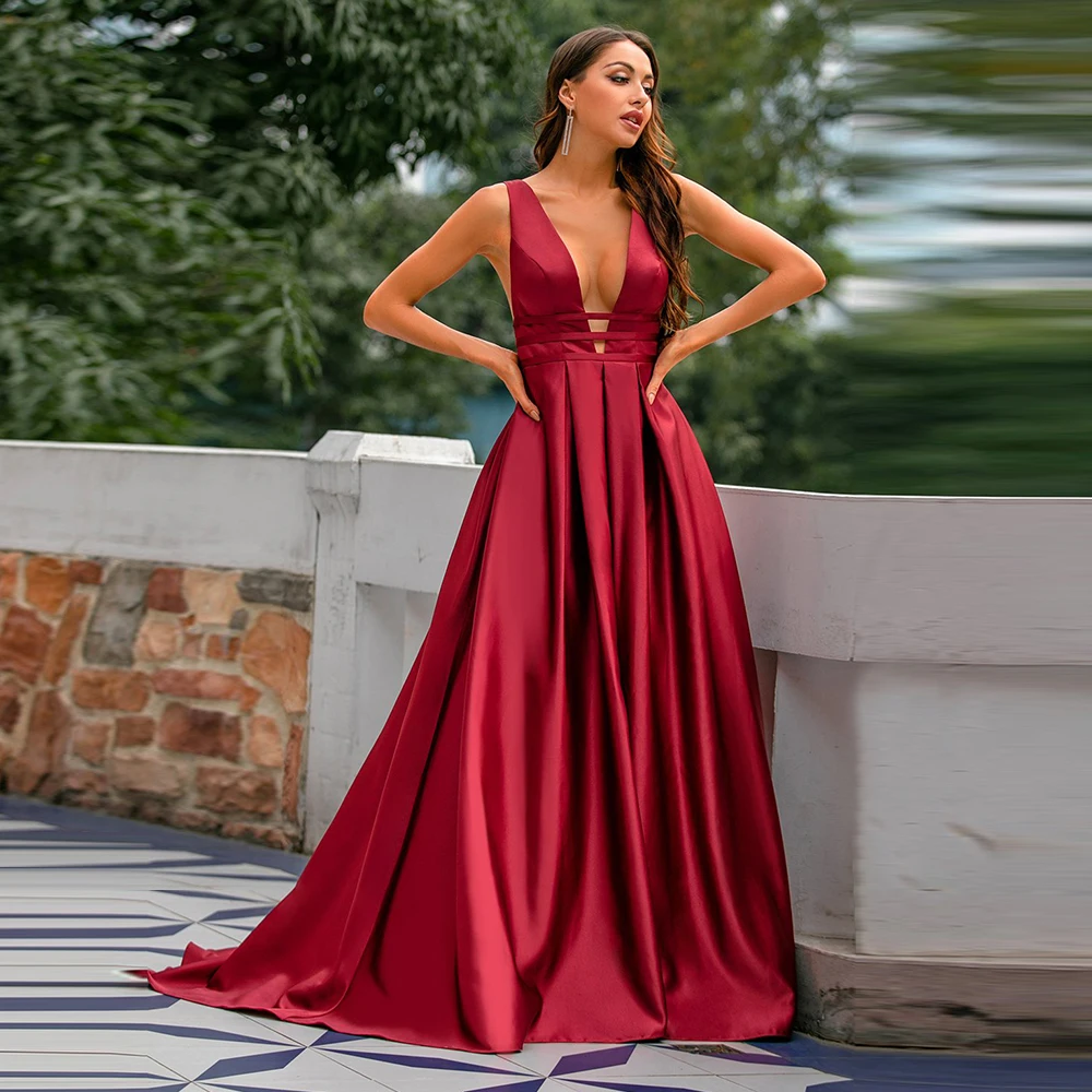 

Женское атласное платье до пола, элегантное красное вечернее платье с V-образным вырезом, без рукавов, со шлейфом и открытой спиной, бальное ...