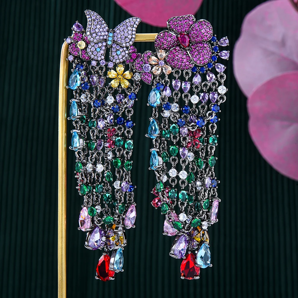 

Blachette Gorgeous Fashion Asymmetry Butterfly Flower Tassel Dangle Pendant Earrings For Women Zircon Banquet Jewelry Accessory