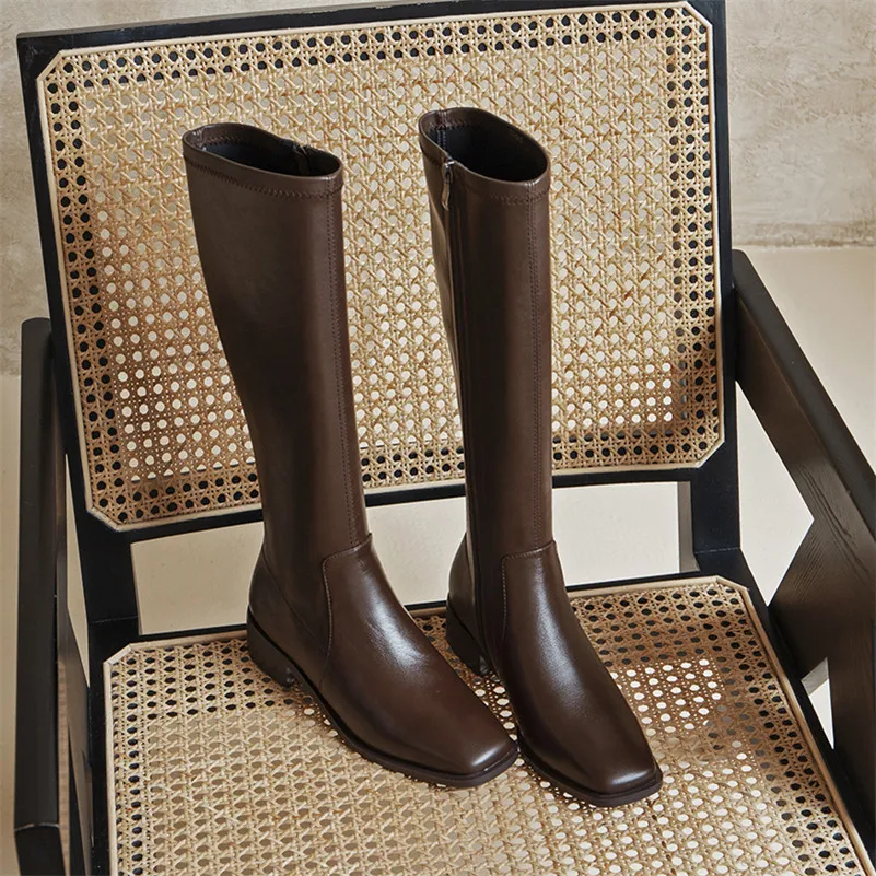 

Meotina Knee High Boots Women Shoes Real Leather Mid Heel Ladies Boots Zip Square Toe Block Heels Long Boots Autumn Winter Brown