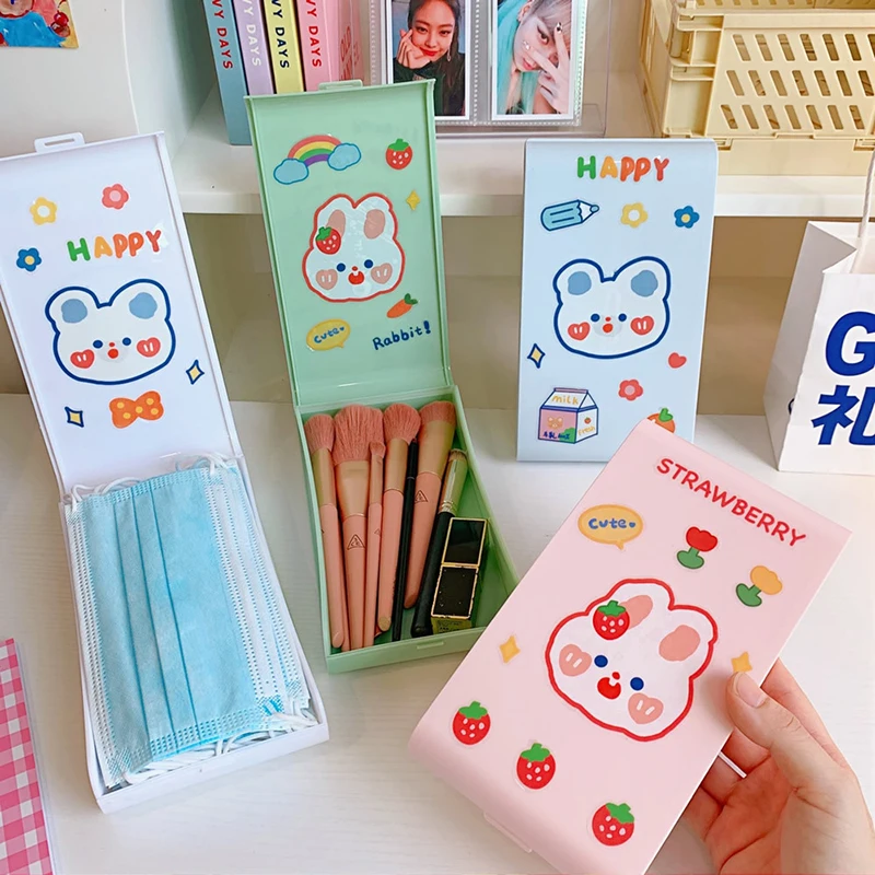 

Kawaii Bear Strawberry Mask Holder Case Plastic Storage Box Container Cute Makeup Brushes Stationery Organizer Pencil Cases