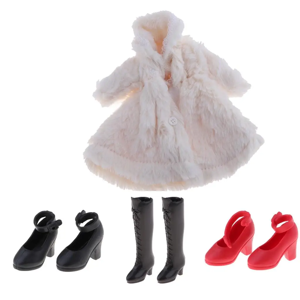 

1:6 Doll Stylish Winter Plush Coat w/ High Heel Shoes Set for Girl Doll Costume Dress-Up Accessories