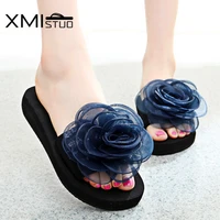 xmistuo summer beauty students ladies sandy beach flops stretch fabric lace with chiffon flowers slippers women silk sandals