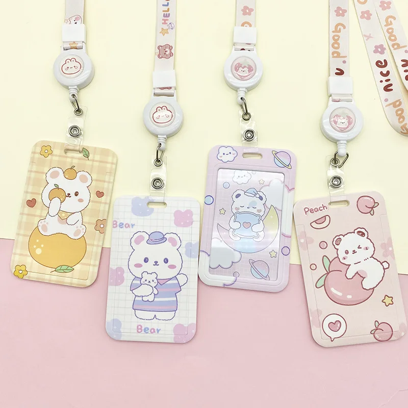 

2021 Cartoon Cute Bear Card Set Simple Retractable Lanyard Student Meal Card Certificate Bus Card Protective Cover Bag Keychain