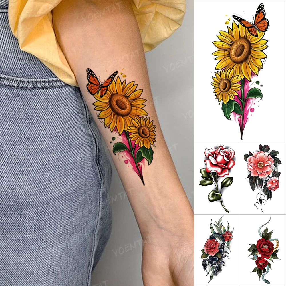 

Color Waterproof Temporary Tattoo Stickers Sunflower Rose Peony Flower Snake Scorpion Flash Tattoos Women Men Body Art Fake Tatu