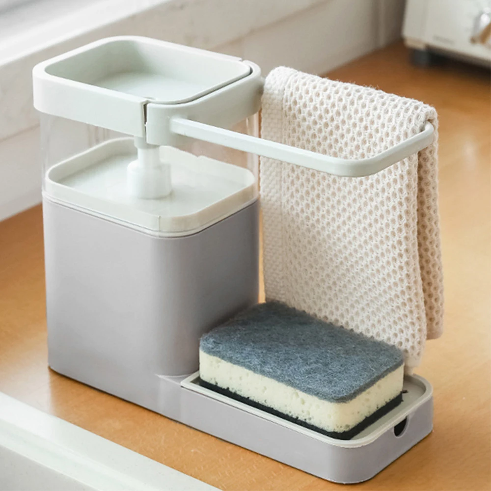 

3 In 1 Kitchen Soap Dispenser Manual Press Liquid Soap Plate Dishcloth Towel Sponge Holder Rack Organizer Home Cleaning Tools