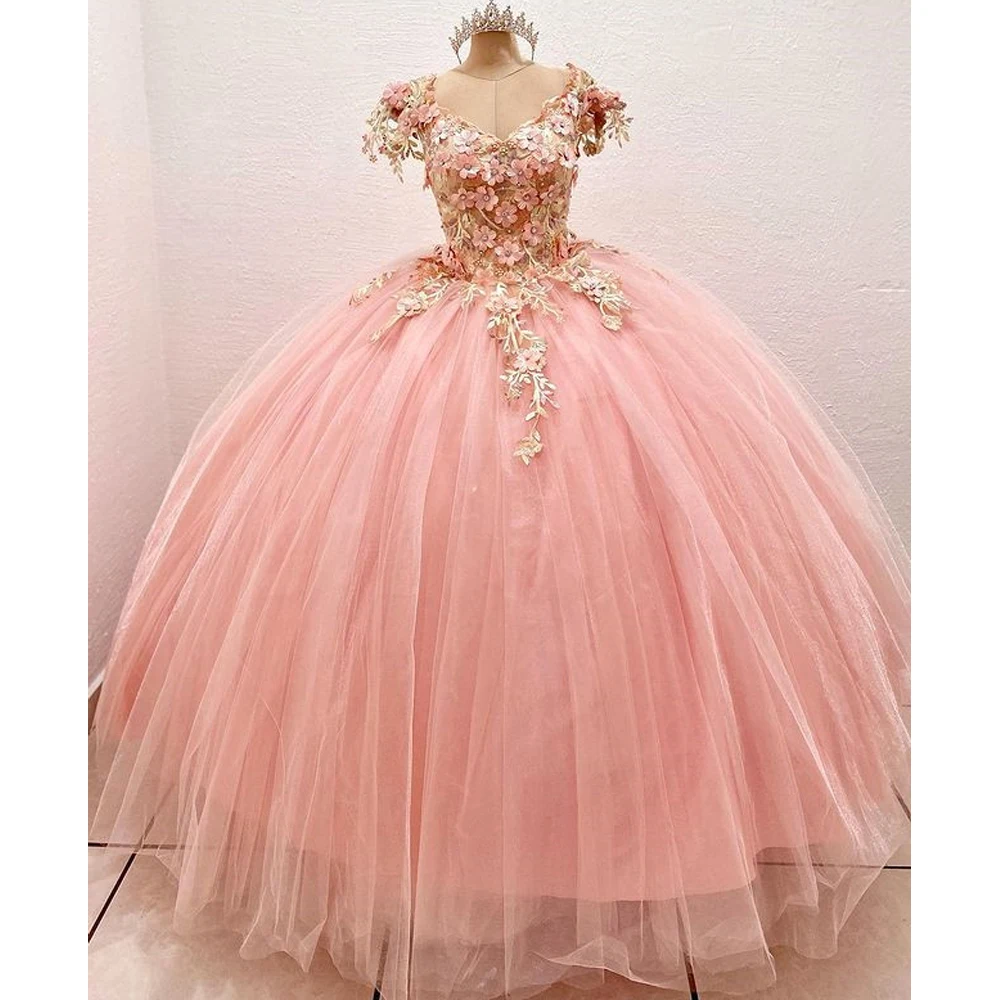 

Бальное платье розового цвета, платье Quinceanera 2021, милые вечерние платья с 3D цветами и бусинами 16, платья для 15 лет
