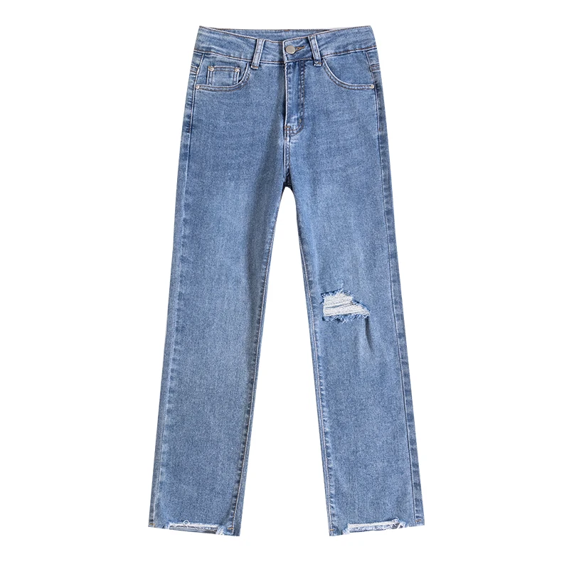 

Real new female high straight waist thin hole jeans han edition joker loose nine points elastic wide-legged pants