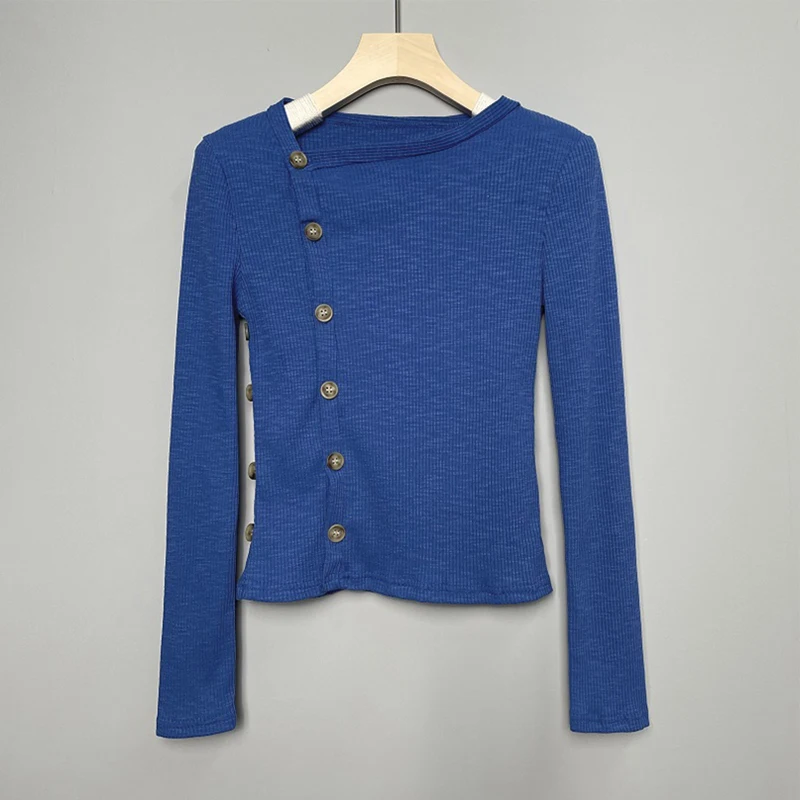 

Spring New Fashion Tops Womens Solid Basic Skew Collar Casual T-Shirts Tees Femme Long Sleeve Ribbed Button Sexy T Shirt Female