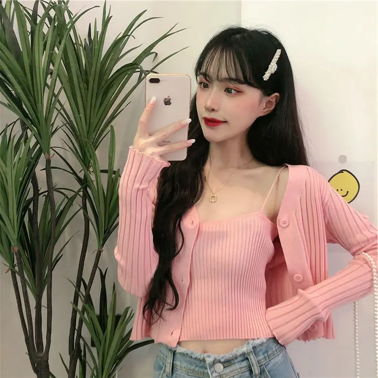 

SHZQ Woman Sweaters Femme Chandails Women's Sling Short Knitted Cardigan Two-Piece Set Pull Hiver
