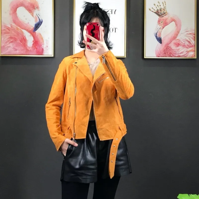 

Autumn fashion women's real leather motorcycle coat rose jacket shorts coat art zip zip zip zip zip zip zip zip zip zip zip zip