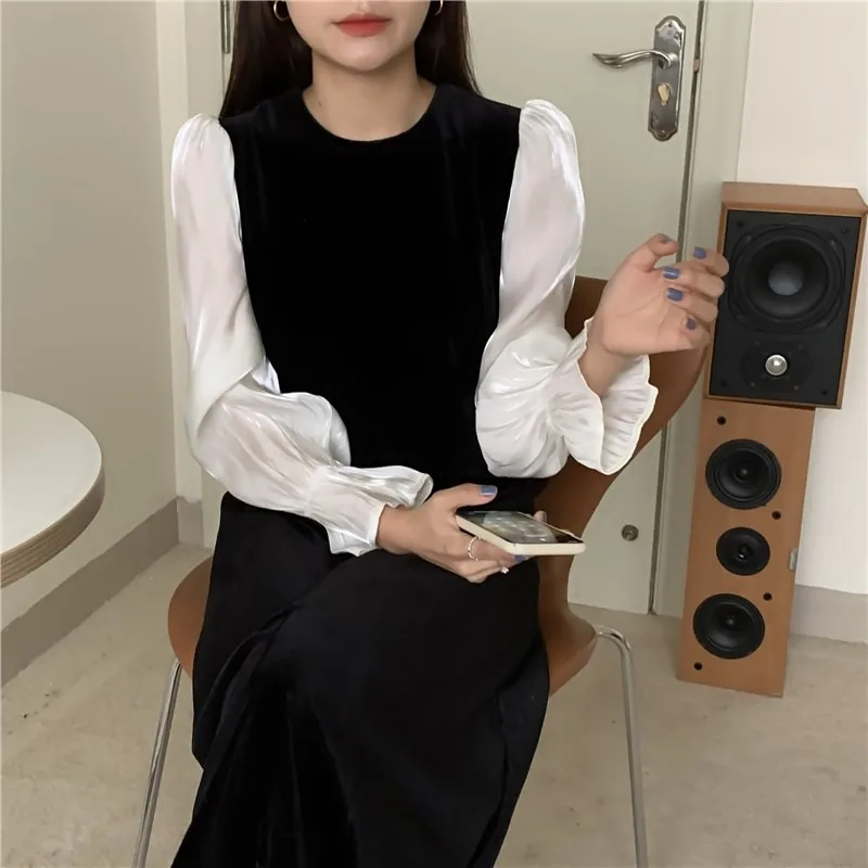 

Vintage Velvet Midi Dress Women Elegant Round Neck Flare Long Sleeve High Waist Vestidos Female 2021 Spring Autumn New Fashion