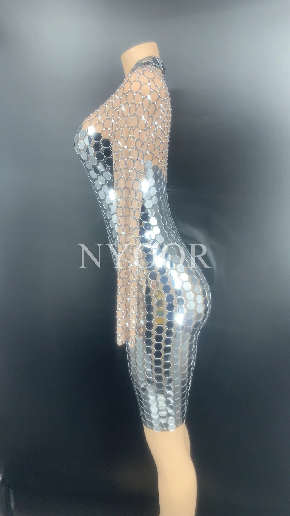 Shining Rhinestones Mirror Transparent Short Dress Women Birthday Celebrate Prom Party Dresses Sexy Bar Stage Dance Show Costume |