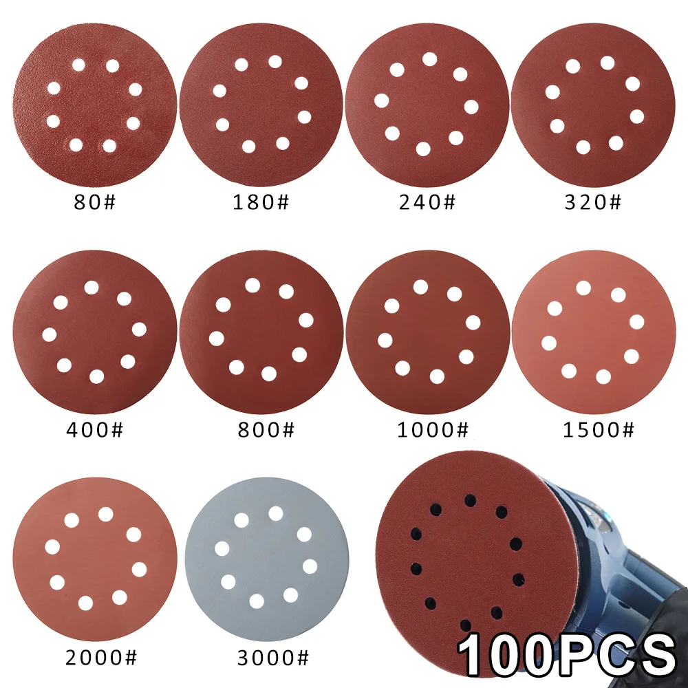 

100 Pcs Sandpaper Brushed Sanding Discs Pad 8 Hole Sander Polishing Pads Round Shape Hook Loop Sanding Paper Buffing Sheet