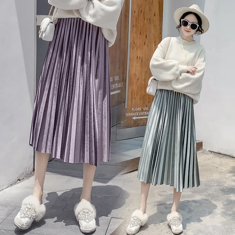 2019 осень и зима новый стиль корейский золото бархат складка юбка расширяемая