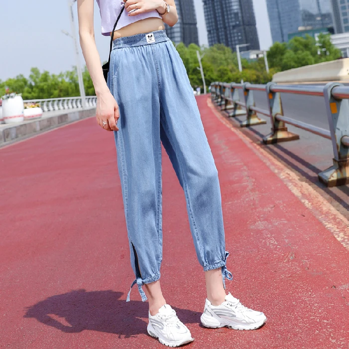 

2021 New Tencel Jeans Drawstring Pants High Waist Women's Loose Summer Thin Cropped Pants