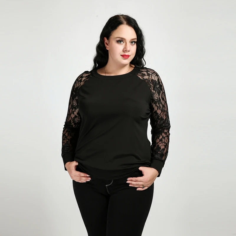 

3XL для 6XL размера плюс блузки британский стиль с длинными рукавами с кружевом и Для женщин топ черный Blusas Mujer T1275N