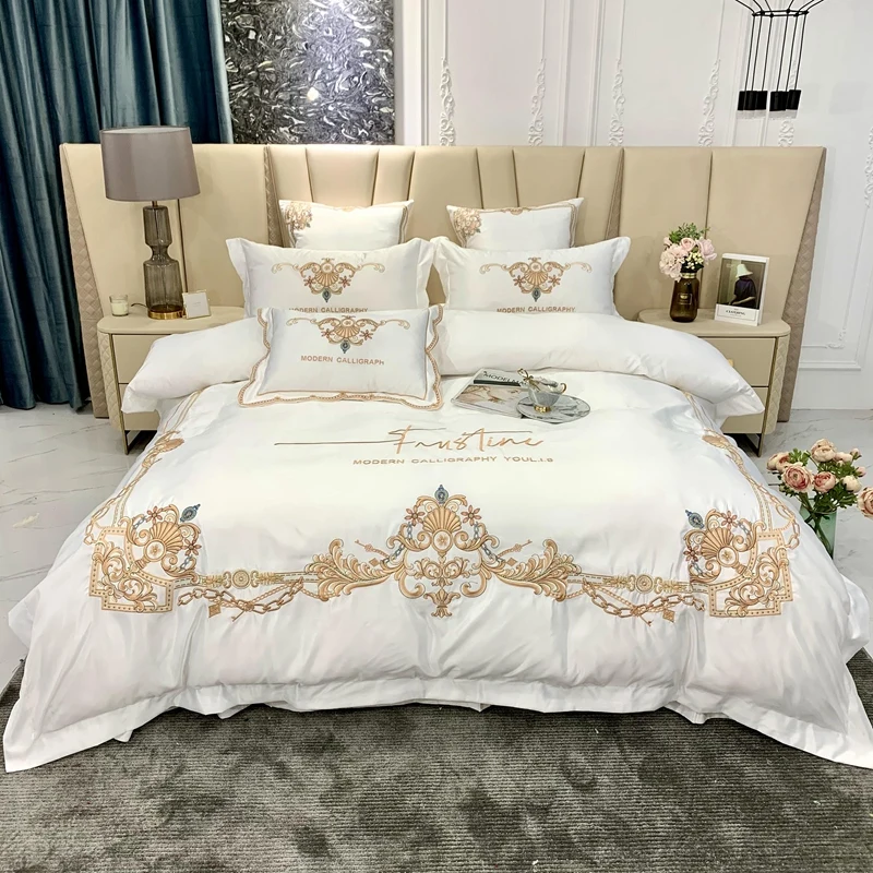

Luxury 4Pcs Satin Silk Cotton Bedding Set Gold Embroidery Smooth Silky Double Duvet Cover Set Bed Linen Bedspread Pillowcases