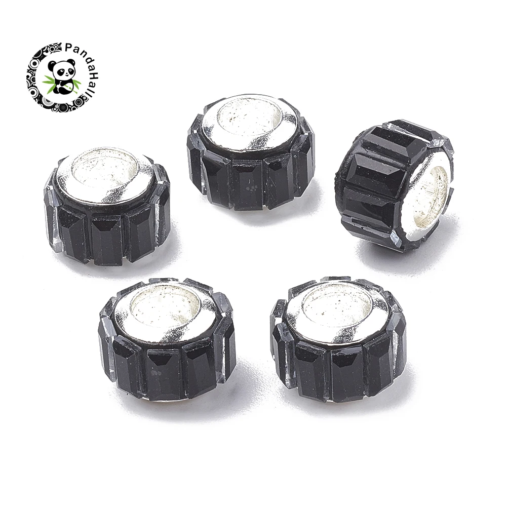 

100pcs 10~10.5x7mm Glass European Beads Large Hole Beads with Brass Core Faceted Rondelle Silver Color Plated, Hole: 5mm