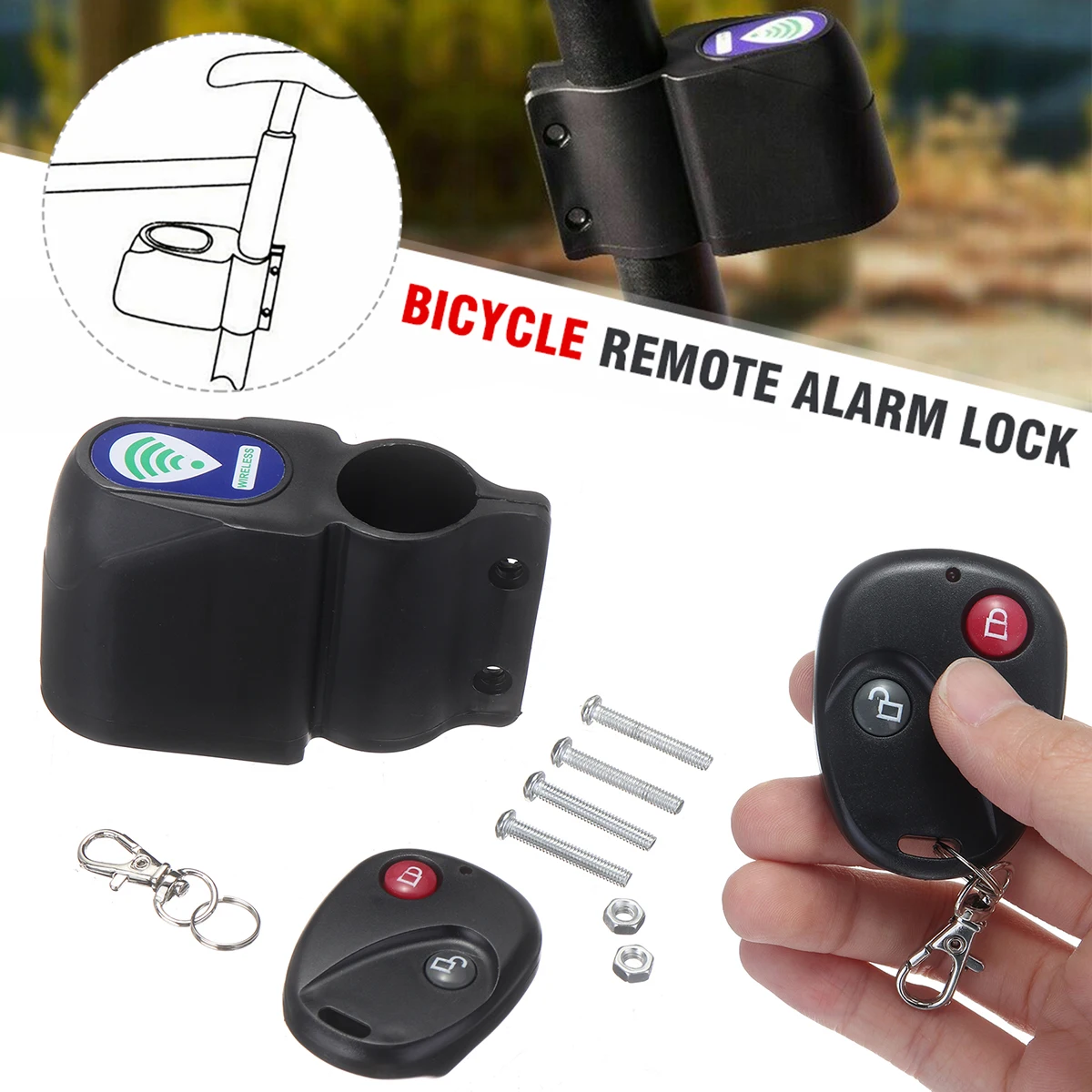 1set Black Bike Wireless Security System Anti-Theft Bicycle Alarm Lock Cycling Padlock Anti-theft Device Parts Remote Control