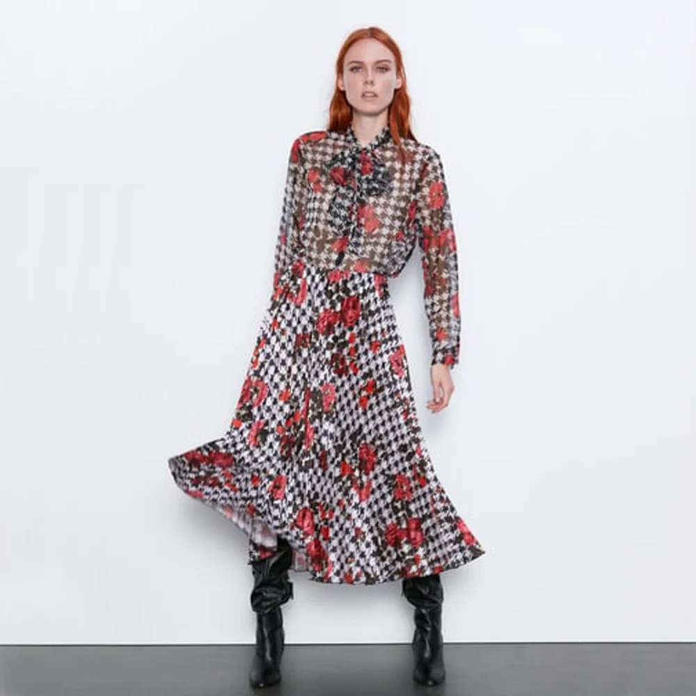 Женское платье с принтом ZA осеннее из двух предметов в стиле бохо облегающая юбка