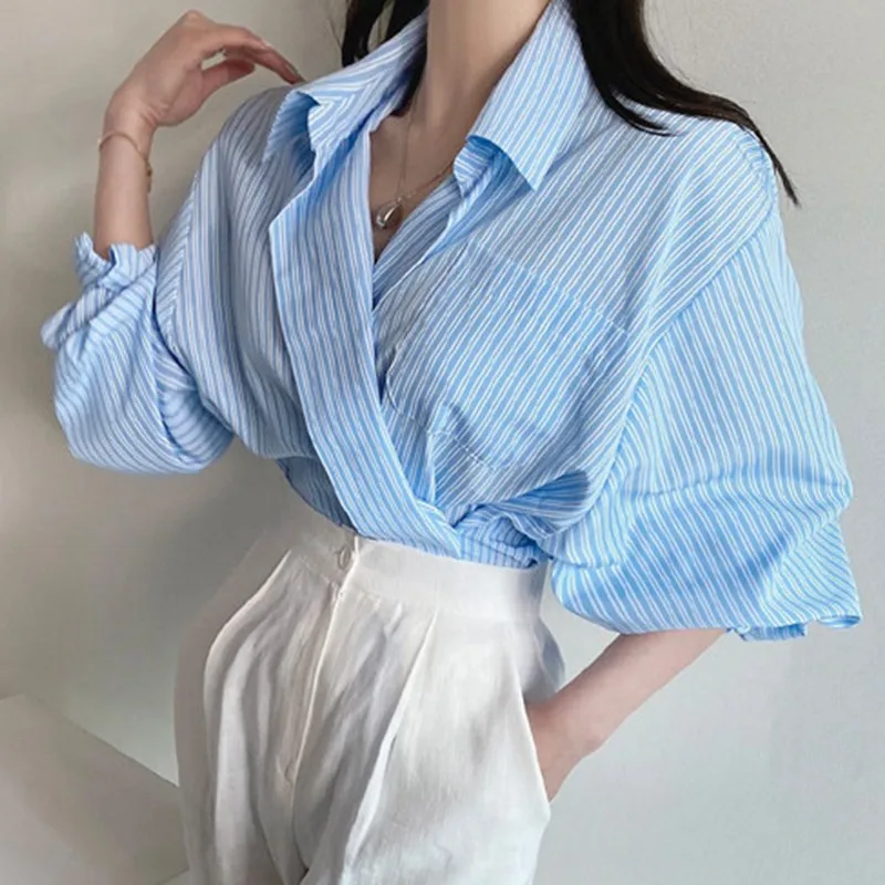 

Genayooa Striped Blouse Women Elegant Casual Long Sleeve Turndown Collar Shirts For Women Korea Style Loose Ladies Tops Autumn