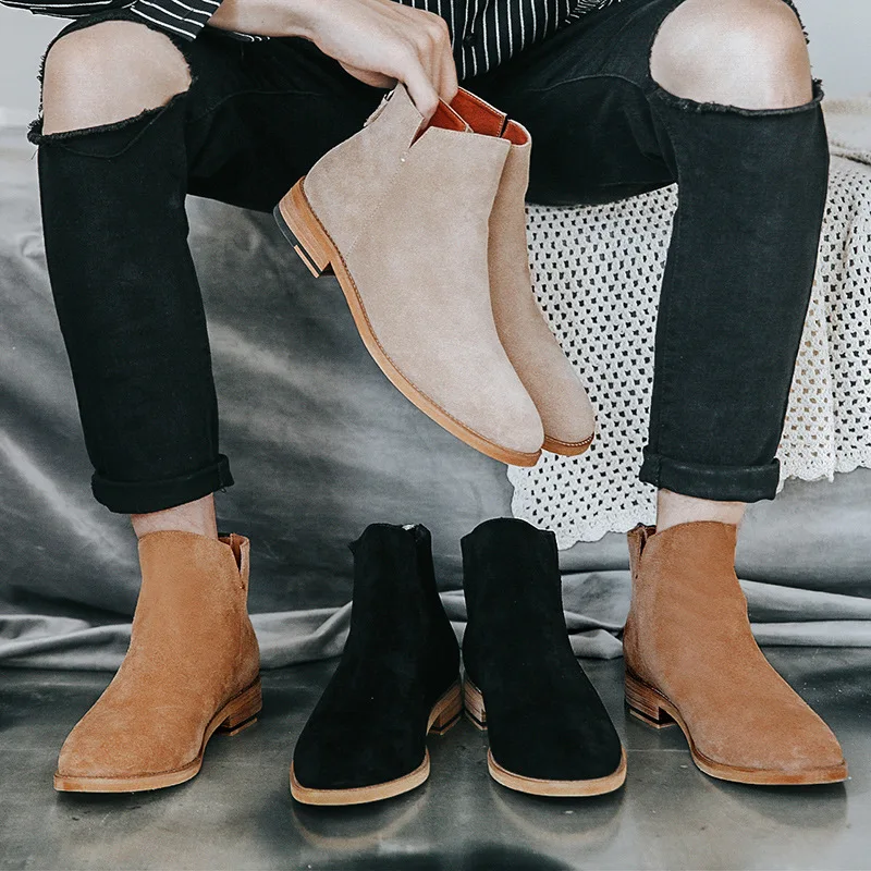 

OUDINIAO Spring Fashion Chelsea Boots Men Back Zip Cow Suede Cowboy Boots Mens Round Men Ankle Boots