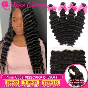 Малазийские Свободные Пряди глубоких волн с фронтальной застежкой, Miss cara, 100% человеческие волосы без повреждений, 34 пряди с фронтальной застежкой на сетке