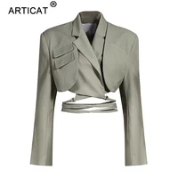 articat gray double layer bandage slim blazer women long sleeve pocket short jacket female notched collar outwear tops 2021 new