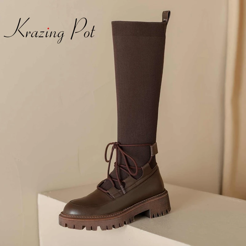 

out stock cow leather round toe high heels knitting boots cross-tied Korean street pretty girls slip on thigh high boots L98
