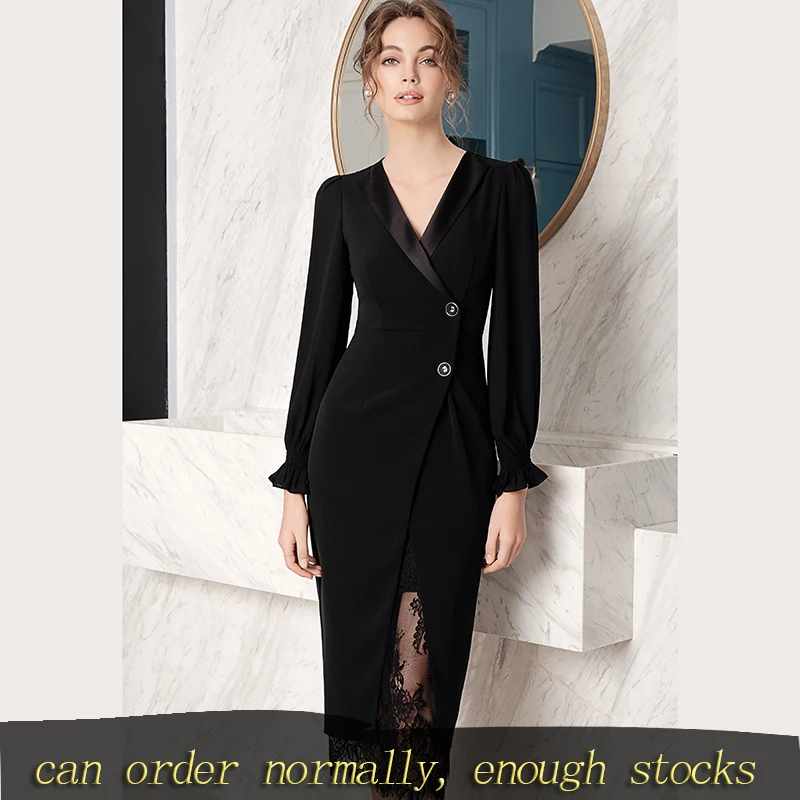 Женское платье двойка LANMREM черное Свободное с длинным рукавом и разрезом весна